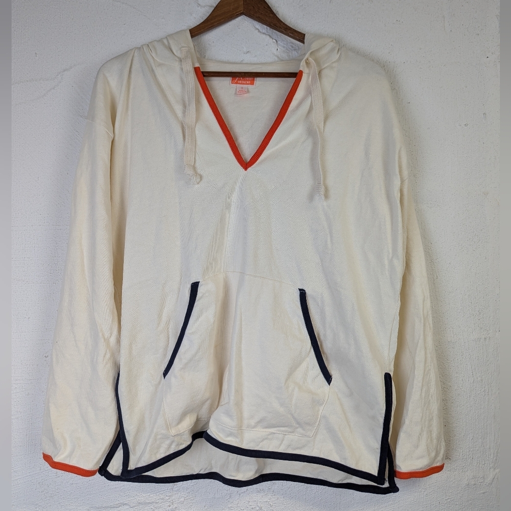 J Crew Weekend Hoodie Womens Small White Mariner Cloth Oversized Tipped V Neck